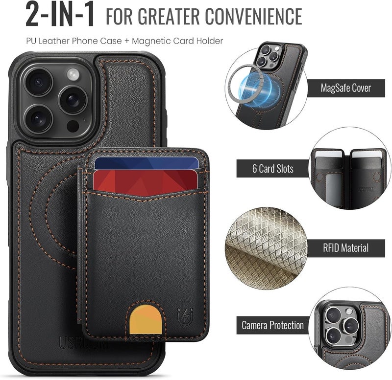 Usroom for iPhone 16 Pro Max Detachable Wallet Case with Card Holder, 2 in 1 RFID Blocking Credit Slots Kickstand Shockproof Phone Wallet for iPhone 16 Pro Max 6.9" Black - Image 4